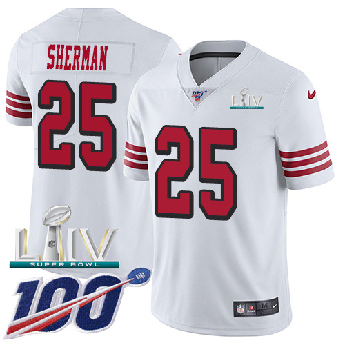 San Francisco 49ers Nike #25 Richard Sherman White Super Bowl LIV 2020 Rush Men Stitched NFL Limited 100th Season Jersey